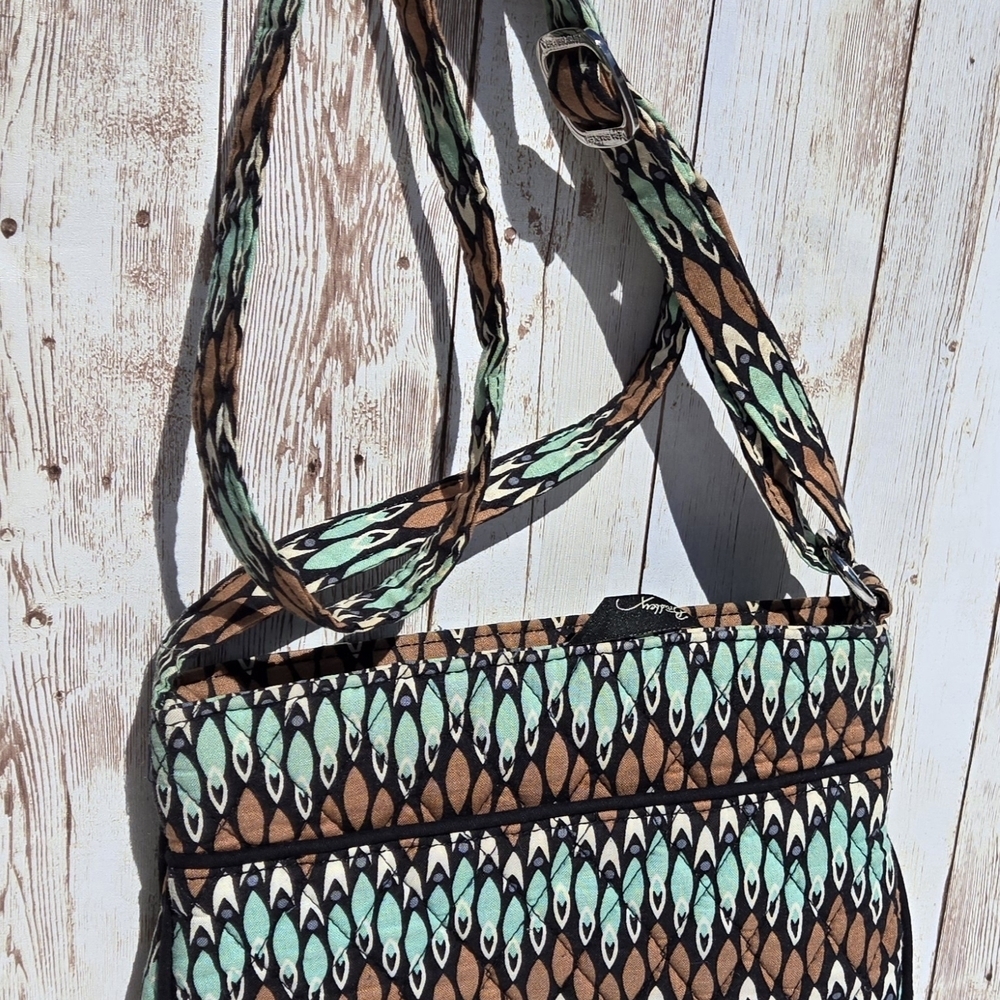 Vera Bradley Small Crossbody Bag Teal Brown Feather Print Adjustable Strap EUC - Picture 3 of 13
